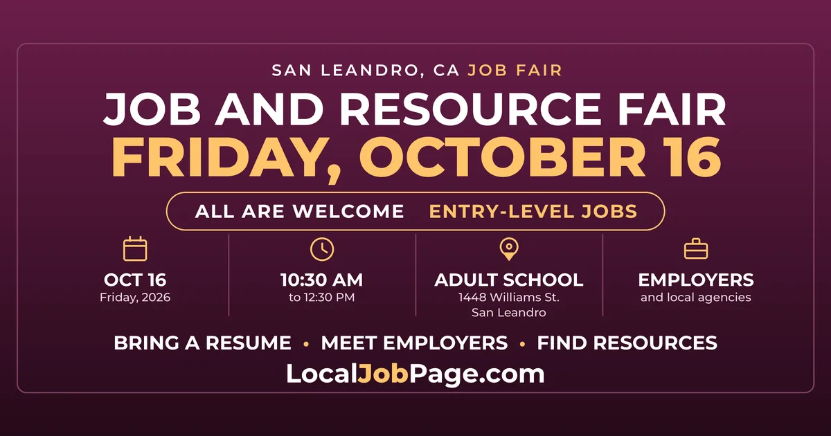 San Leandro Job and Resource Fair October 16: Entry-Level Hiring Near Oakland
